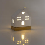 White Ceramic LED Christmas House Ornament On Bamboo Base | Light up Decoration Ornament - Tophatter Daily Deals