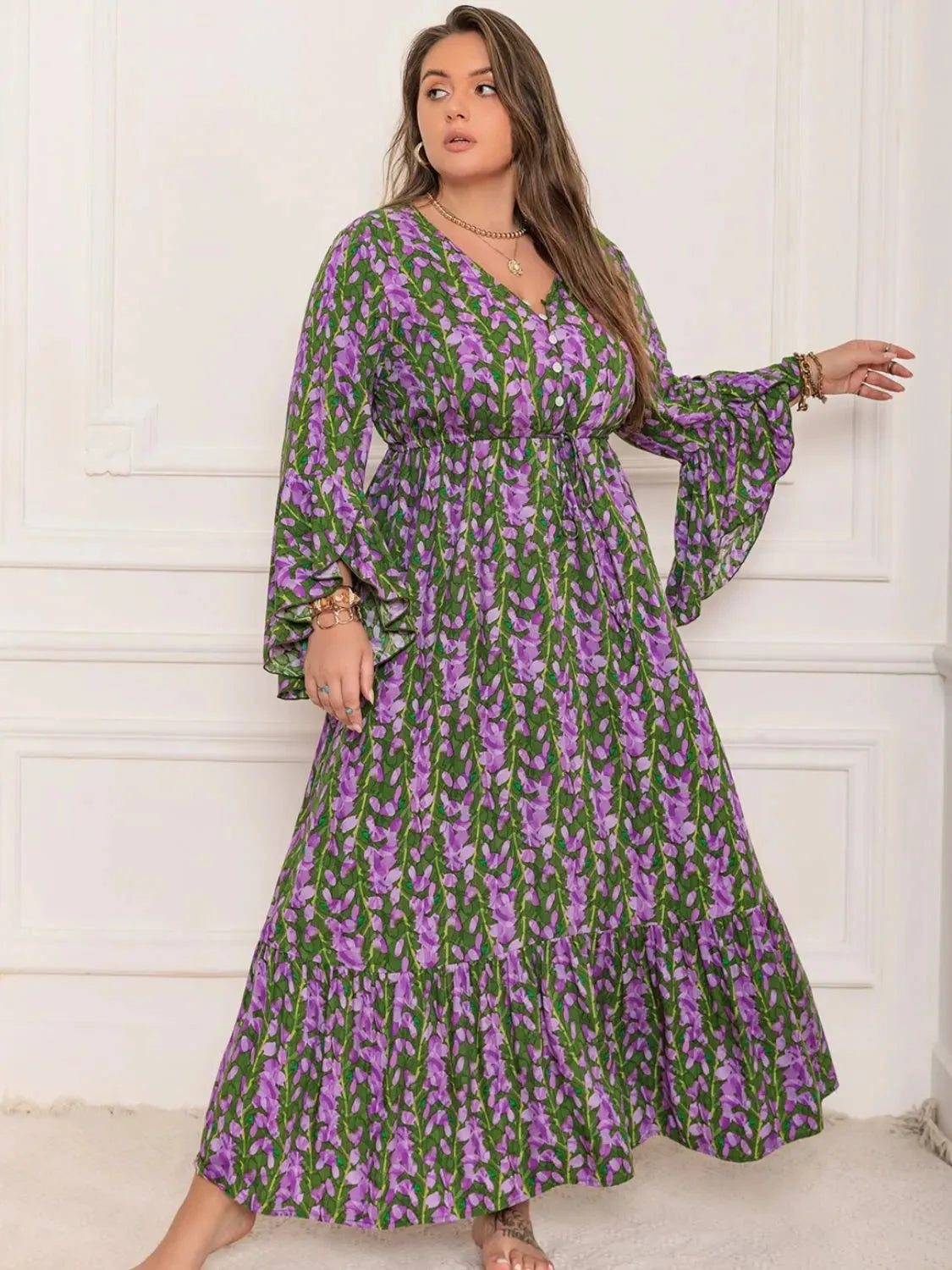 Plus Size Printed V-Neck Long Sleeve Maxi Dress Casual Dresses - Tophatter Daily Deals