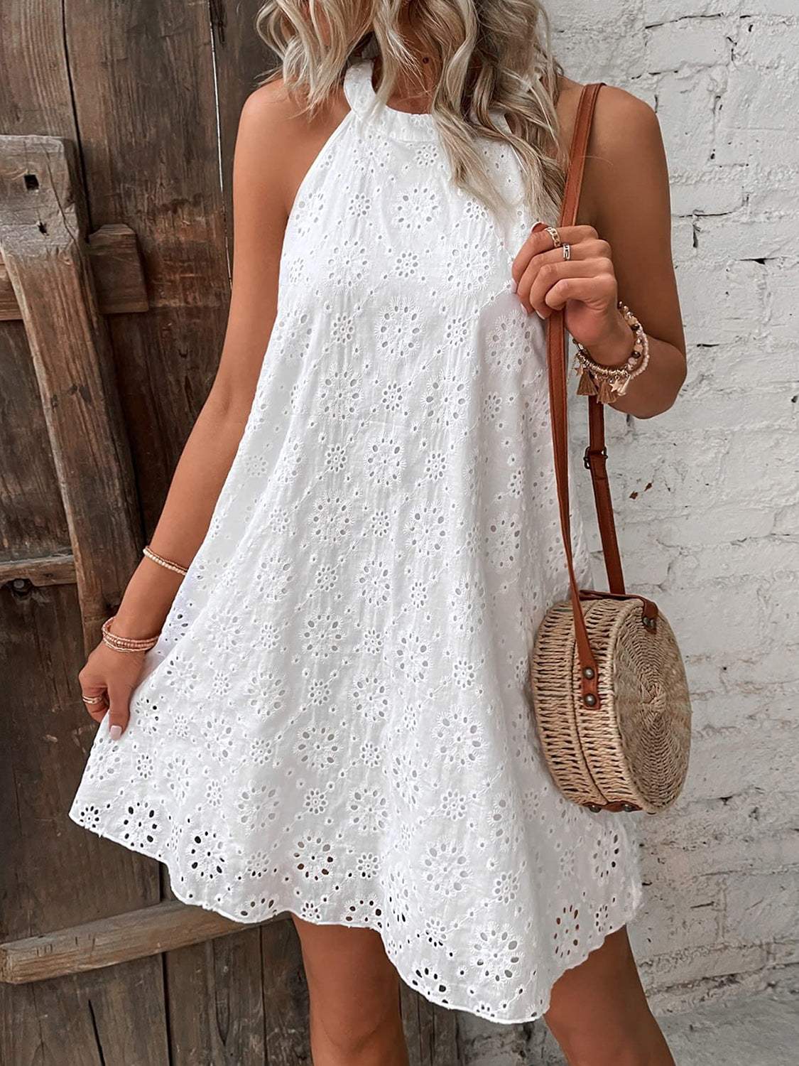 Eyelet Grecian Neck Mini Dress Casual Dresses - Tophatter Daily Deals