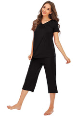 V-Neck Short Sleeve Top and Pants Lounge Set Loungewear Sets - Tophatter Daily Deals