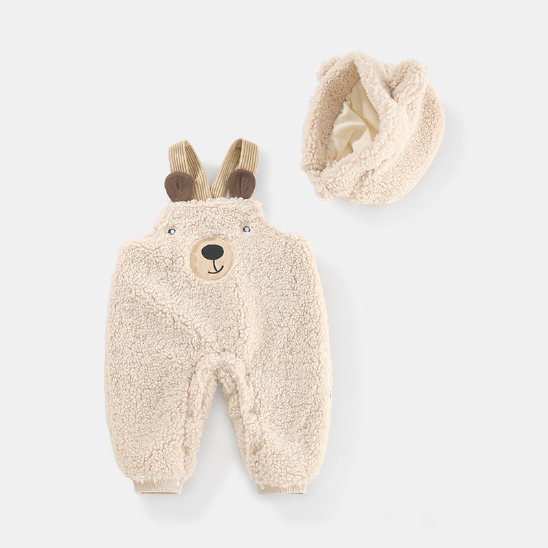 Baby Jumpsuit Autumn And Winter Plus Velvet Baby Clothing Bear Suspenders Apricot 0 - Tophatter Daily Deals