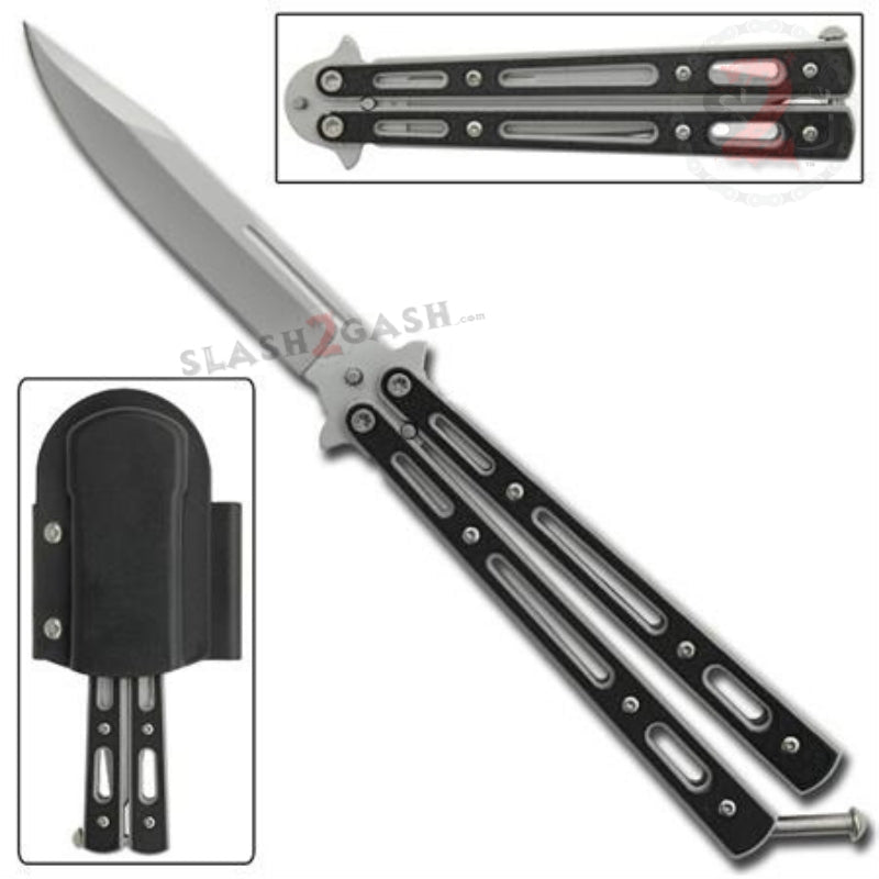 Road Rash Butterfly Knife w/ Black Inserts Silver Balisong Knife-Balisong - Tophatter Daily Deals