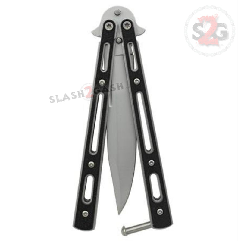 Road Rash Butterfly Knife w/ Black Inserts Silver Balisong Knife-Balisong - Tophatter Daily Deals