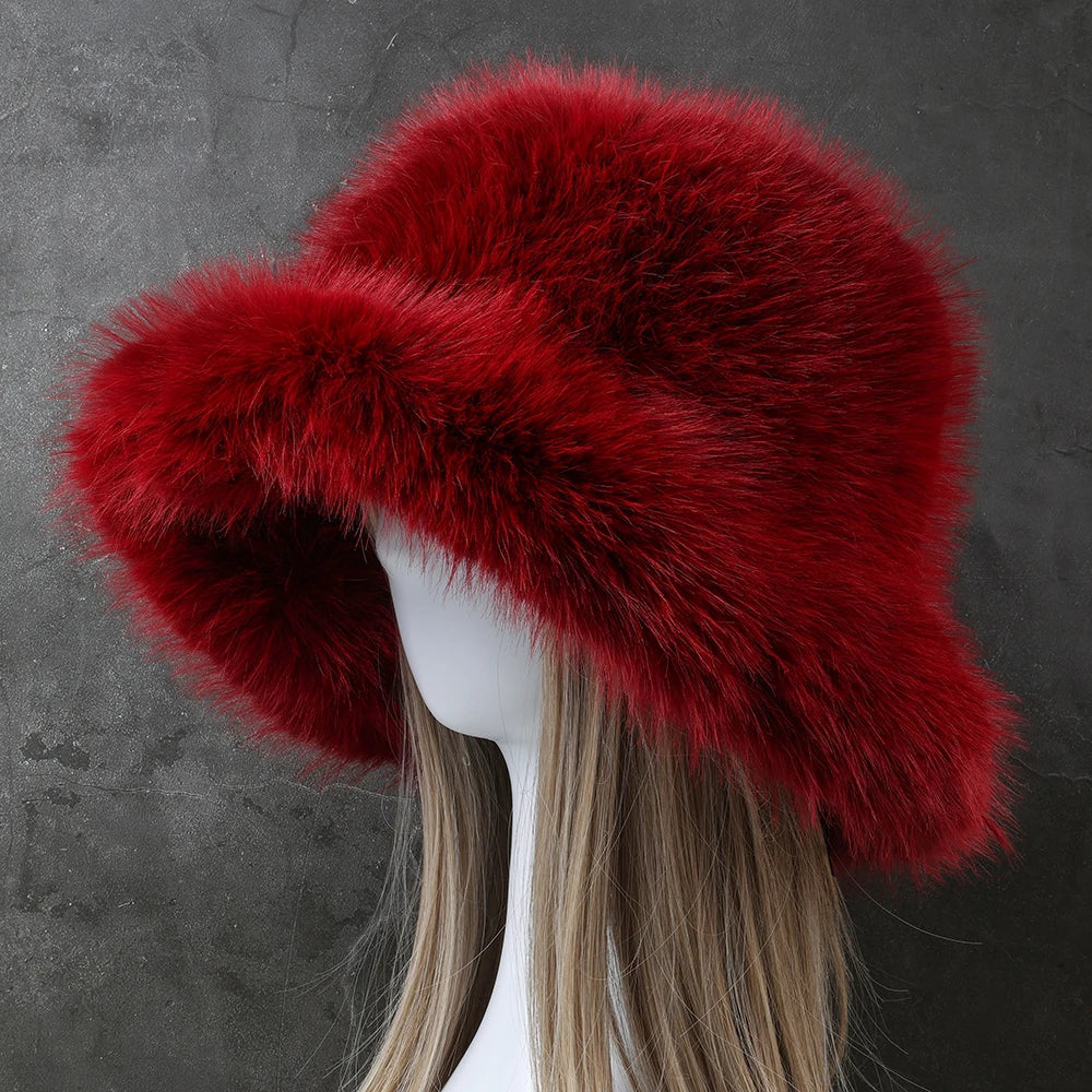 Big Fluffy Faux Fur Winter Hat for Women Wine Red Cap - Tophatter Daily Deals