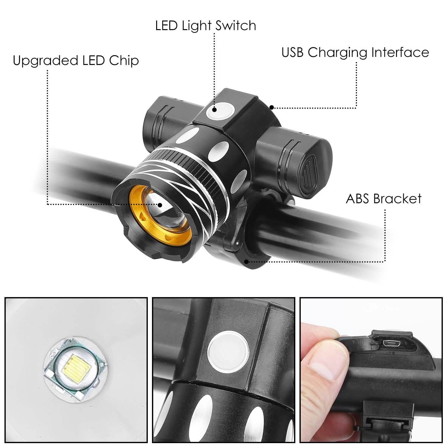 Bike Headlight USB Rechargeable with Bracket Outdoor Recreation - Tophatter Daily Deals