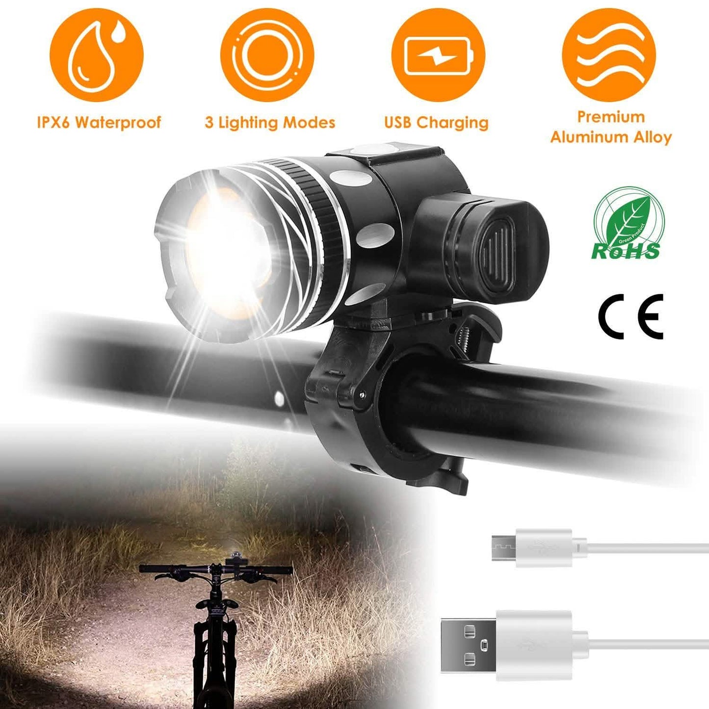 Bike Headlight USB Rechargeable with Bracket Outdoor Recreation - Tophatter Daily Deals
