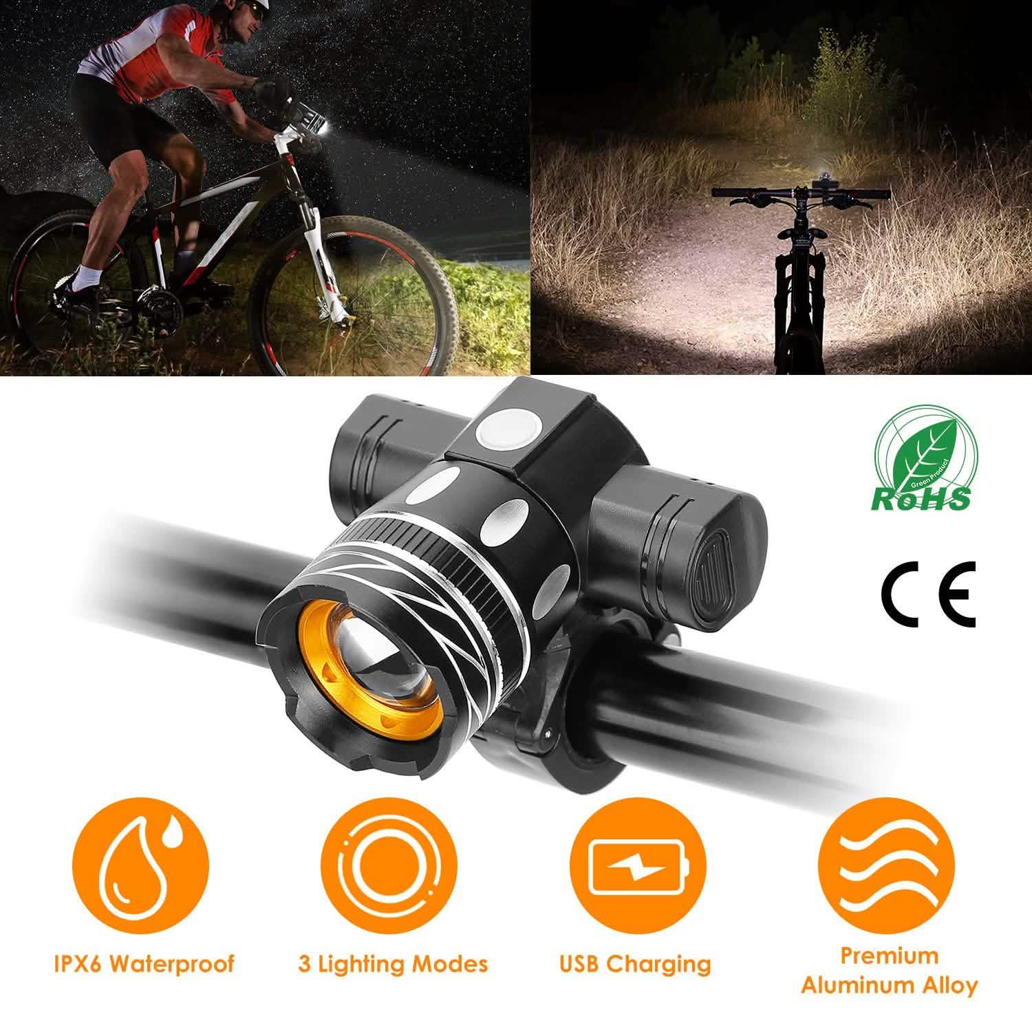 Bike Headlight USB Rechargeable with Bracket Outdoor Recreation - Tophatter Daily Deals