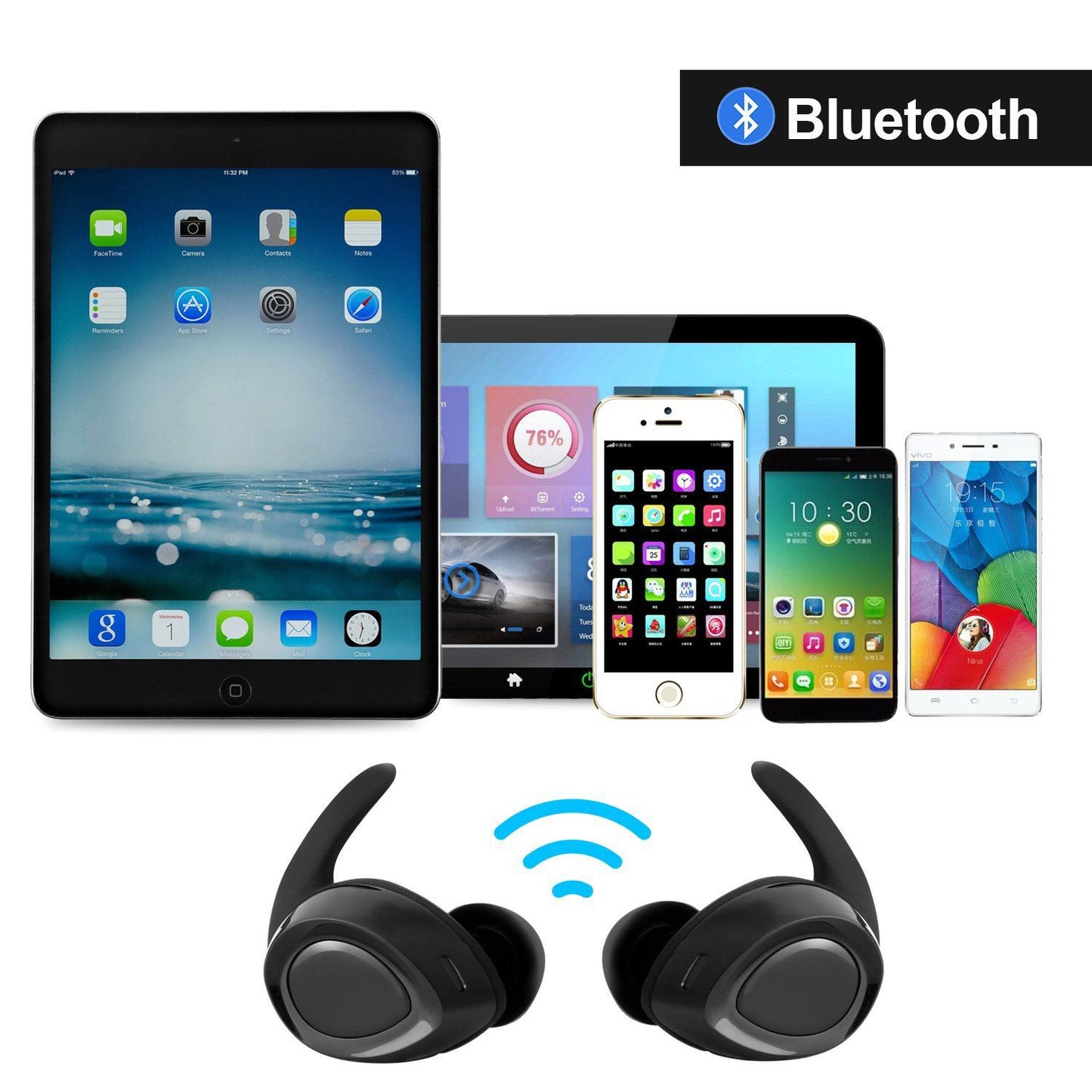 Black Mini Wireless Bluetooth Twins Earbuds Mic True Bass Stereo In-Ear TWS Earphones In-Ear Headphones - Tophatter Daily Deals