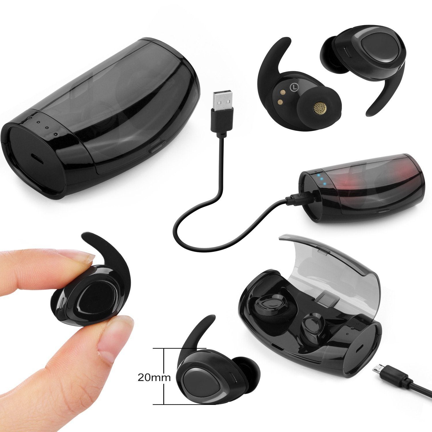 Black Mini Wireless Bluetooth Twins Earbuds Mic True Bass Stereo In-Ear TWS Earphones In-Ear Headphones - Tophatter Daily Deals