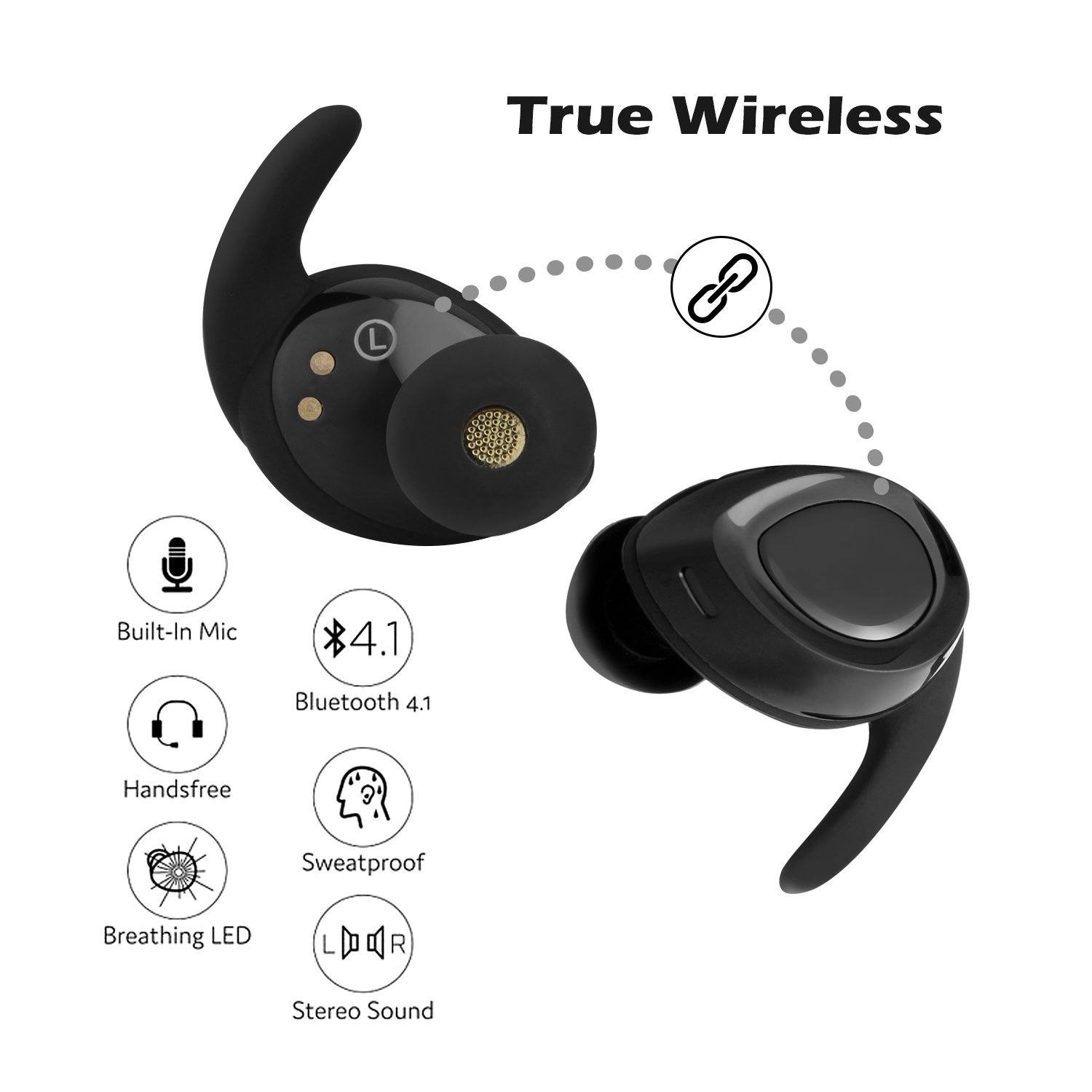 Black Mini Wireless Bluetooth Twins Earbuds Mic True Bass Stereo In-Ear TWS Earphones In-Ear Headphones - Tophatter Daily Deals