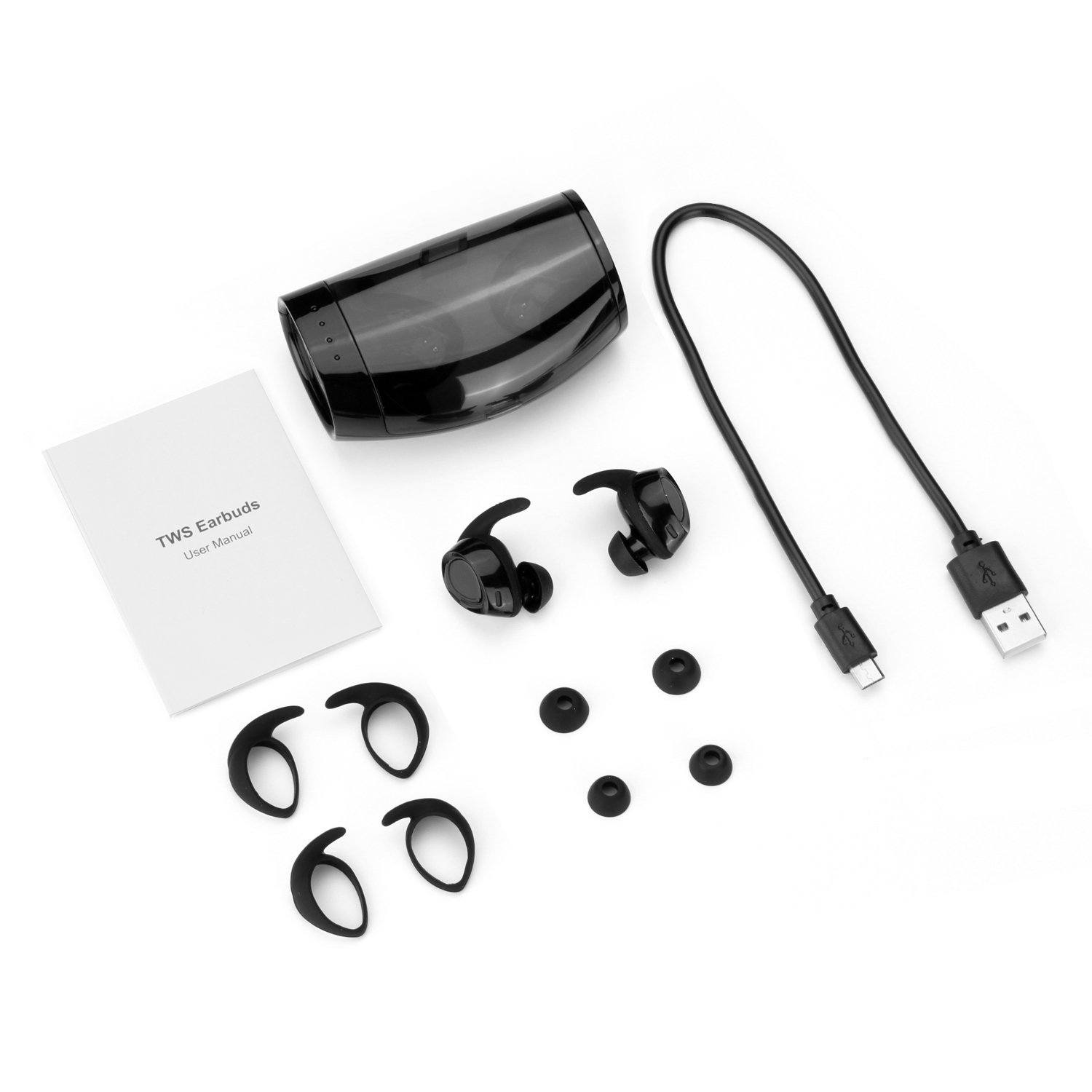 Black Mini Wireless Bluetooth Twins Earbuds Mic True Bass Stereo In-Ear TWS Earphones In-Ear Headphones - Tophatter Daily Deals