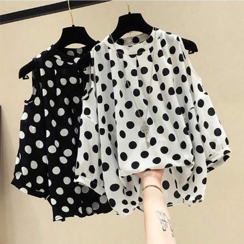 Black Polka Dot Vintage O-Neck Top Blouses - Tophatter Daily Deals