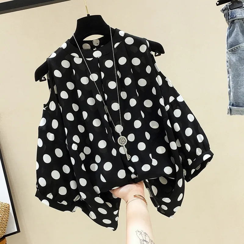 Black Polka Dot Vintage O-Neck Top Blouses - Tophatter Daily Deals