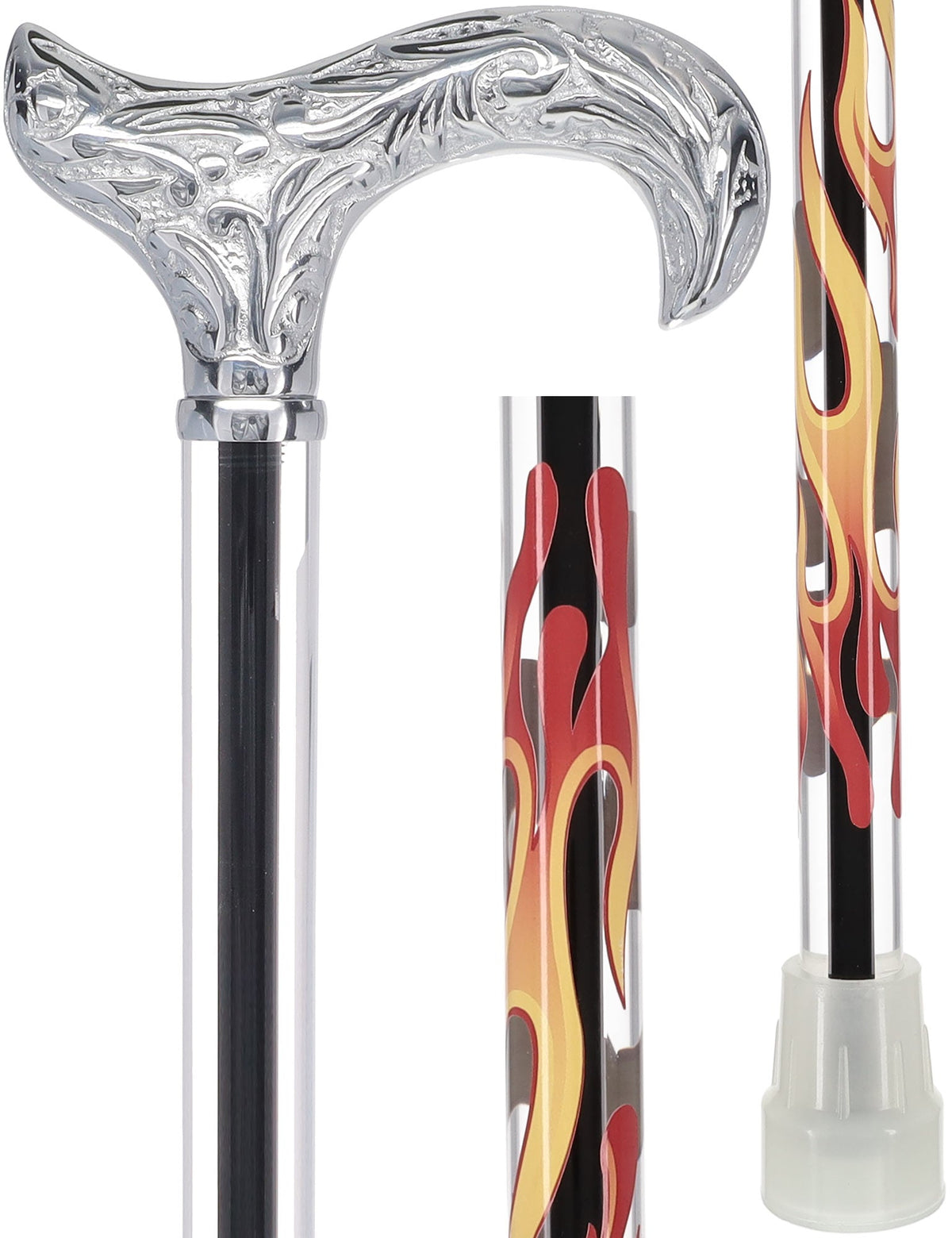 Flame Crystal Elegance Chrome Derby Cane with Invisible Acrylic Shaft Options Obsidian Streak Clear Lucite Walking Canes - Tophatter Daily Deals