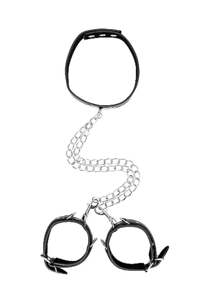 Ouch by Shots Toys - Black & White - Bonded Leather Collar with Hand Cuffs - Black BDSM - Tophatter Daily Deals
