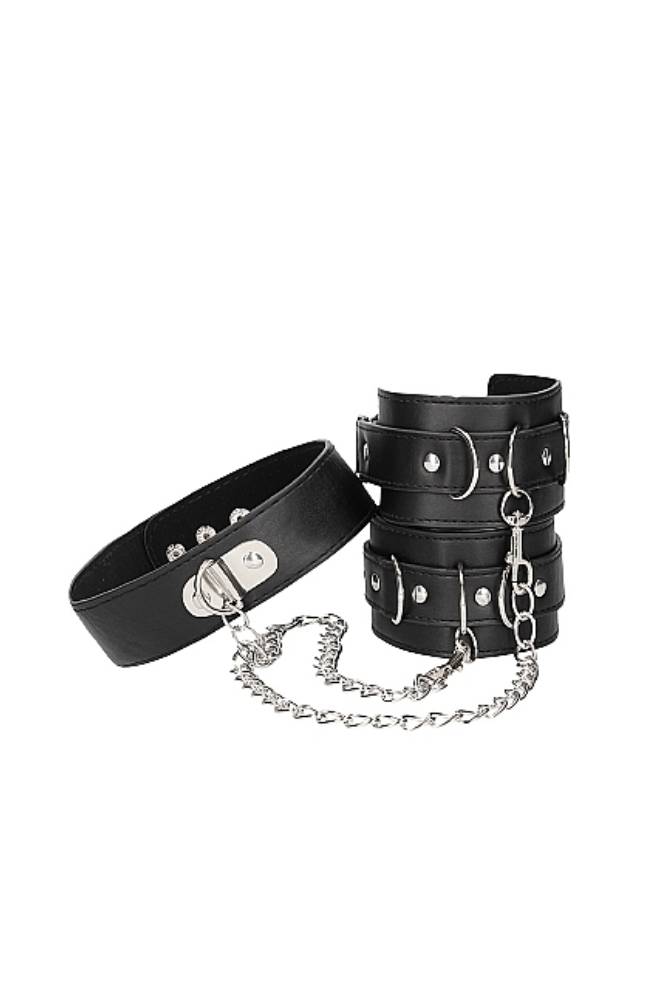 Ouch by Shots Toys - Black & White - Bonded Leather Collar with Hand Cuffs - Black BDSM - Tophatter Daily Deals