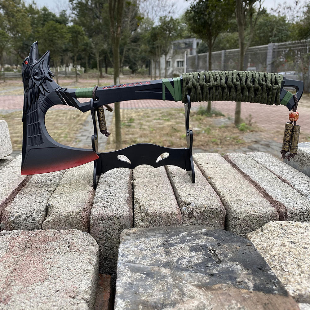 Full-Size New Raven Bite Axe Bloodhound Heirloom 100% Metal With Real Rope Wrapped Handle Black With Plastic Holder - Tophatter Daily Deals