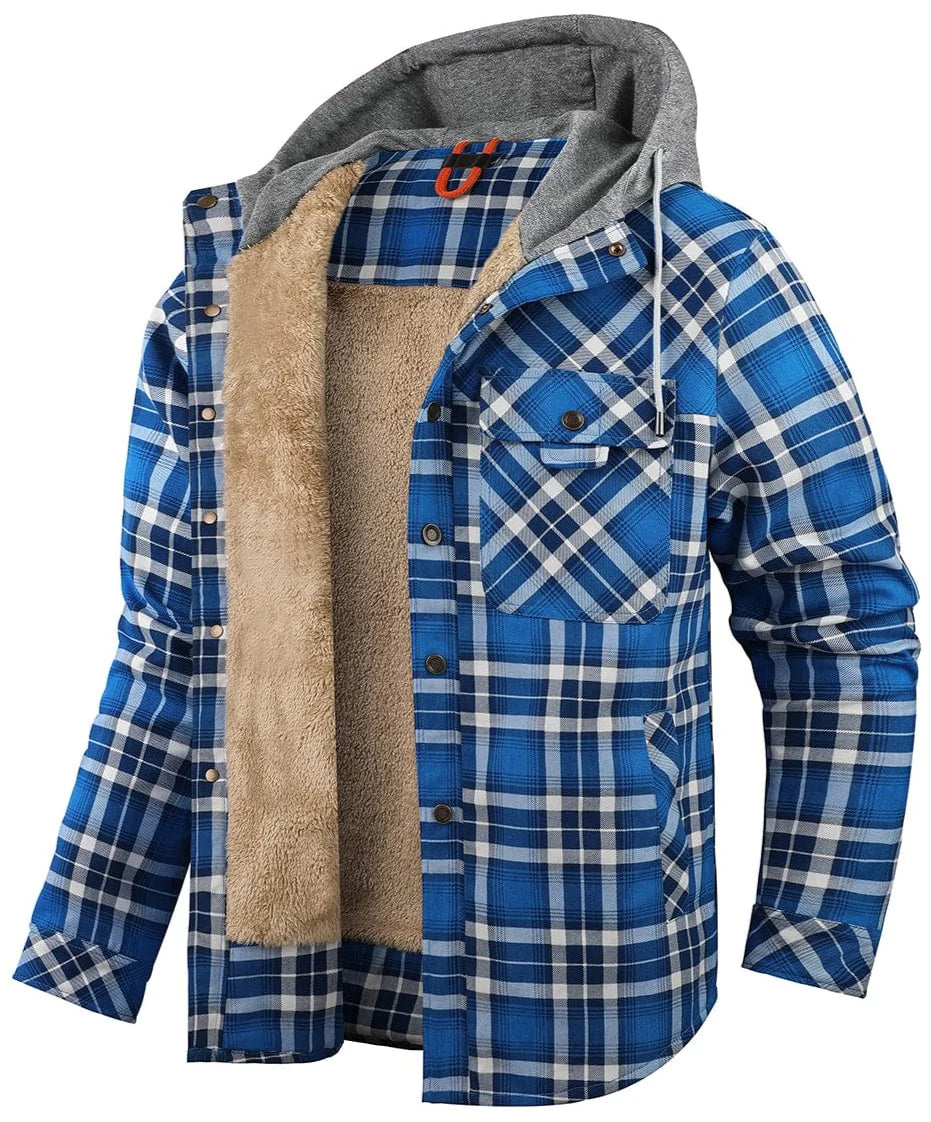 Insulating Cozy Mens Hoodie Jacket - Plaid Fleece Lined Blue - Tophatter Daily Deals