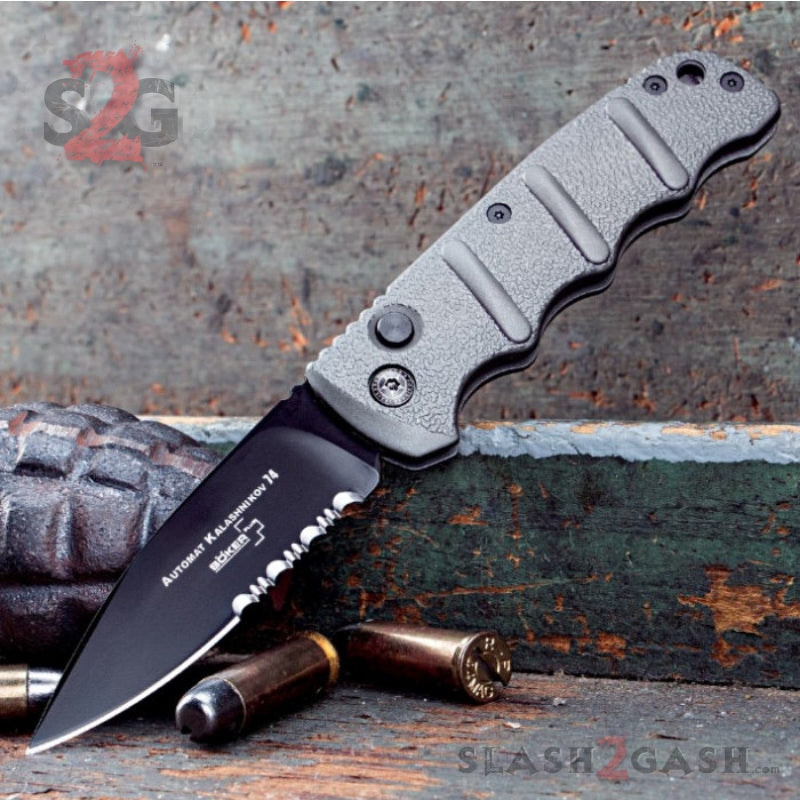 Boker Kalashnikov Automatic Knife Gun Metal Grey - Drop Serrated Knife-Auto - Tophatter Daily Deals