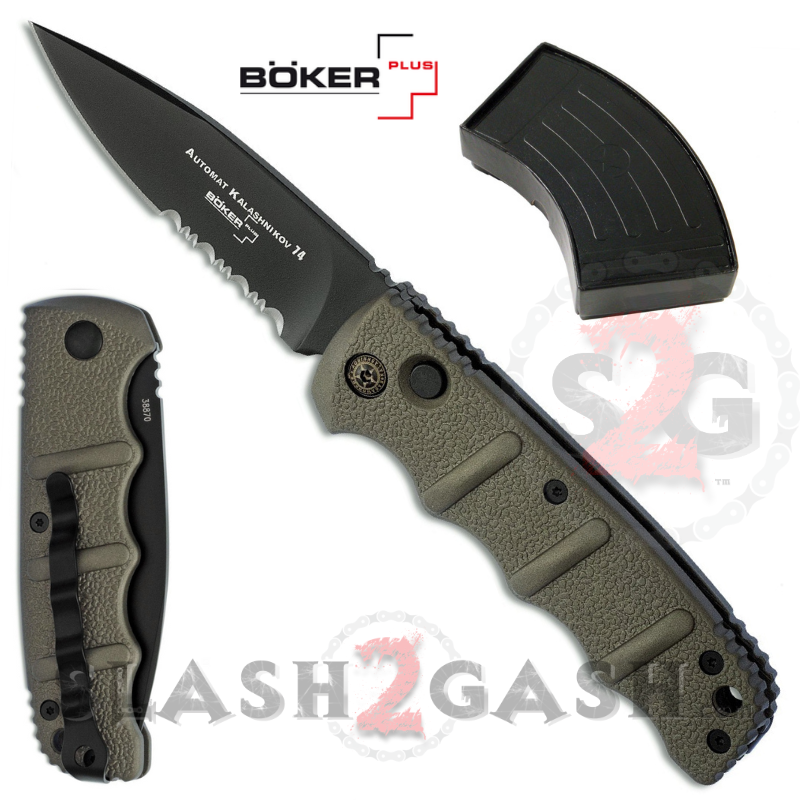 Boker Kalashnikov Automatic Knife Gun Metal Grey - Drop Serrated Drop Serrated Knife-Auto - Tophatter Daily Deals