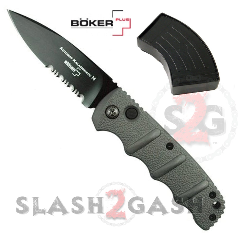 Boker Kalashnikov Automatic Knife Gun Metal Grey - Drop Serrated Knife-Auto - Tophatter Daily Deals