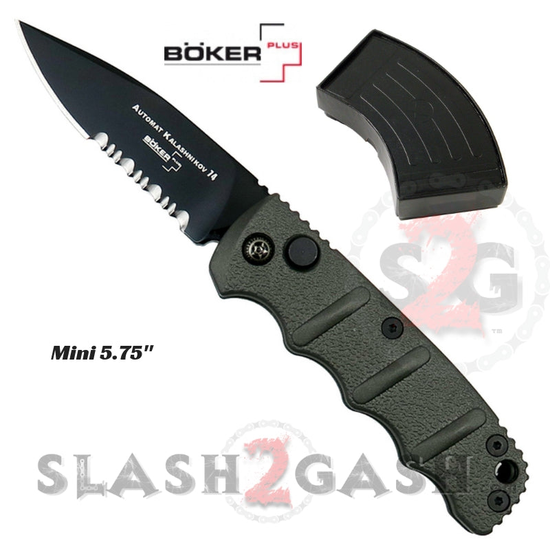 Boker Kalashnikov Mini Auto Knife Gun Metal Grey Small - Drop Serrated Mini 5.75" - Drop Ser Knife-Auto - Tophatter Daily Deals