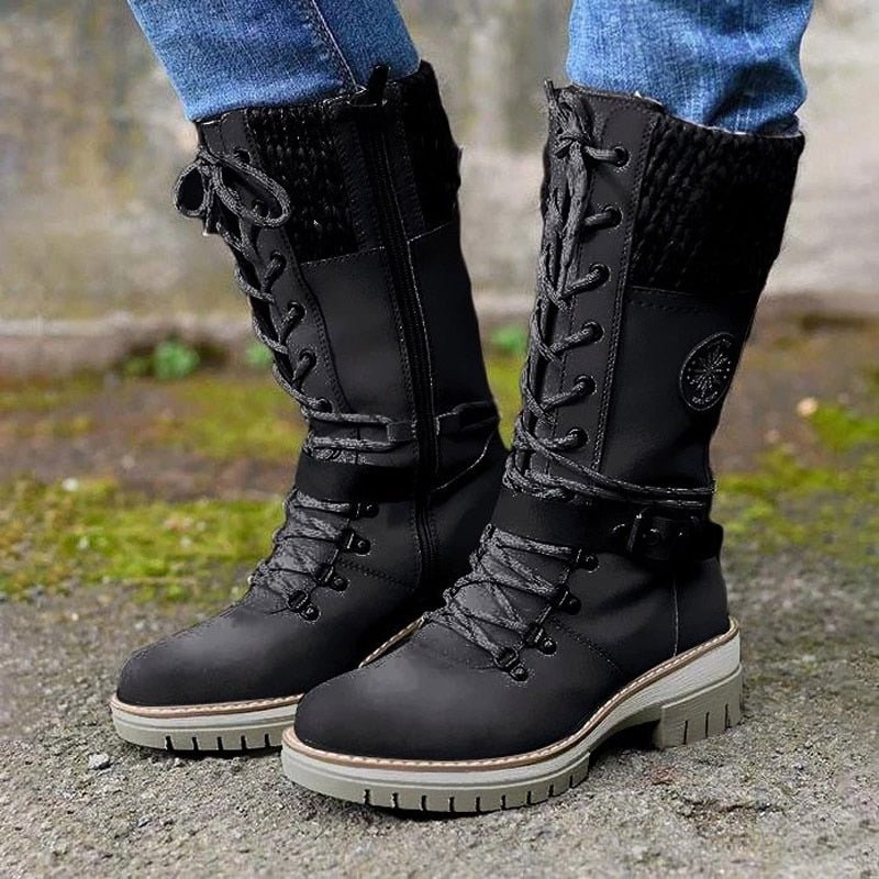 Insulating Women Lace-Up Winter Boots - Mid Faux Leather Black - Tophatter Daily Deals