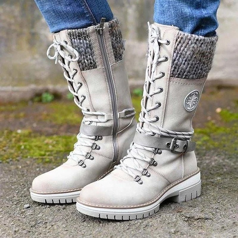 Insulating Women Lace-Up Winter Boots - Mid Faux Leather White - Tophatter Daily Deals