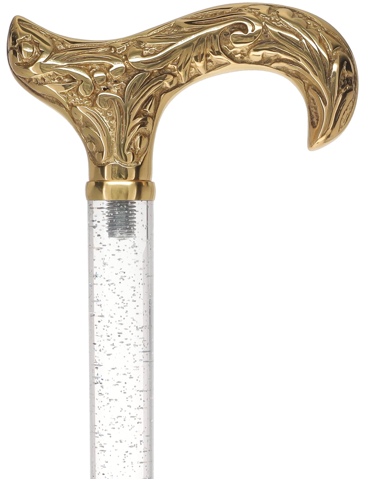 Crystal Elegance Brass Derby Cane with Invisible Acrylic Shaft Options Silver Shimmer Sparkles Clear Lucite Walking Canes - Tophatter Daily Deals