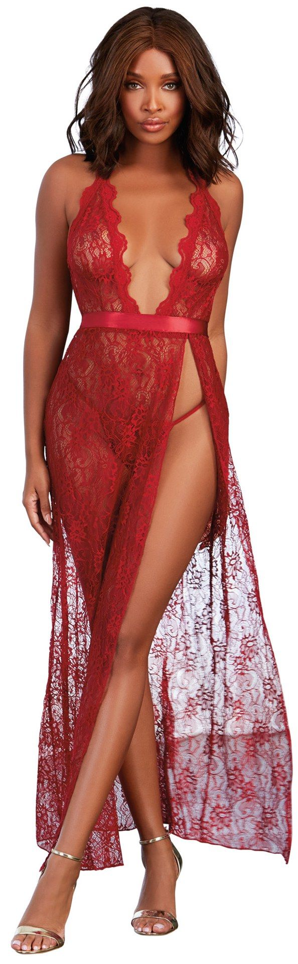 Garnet Lace Gown with Satin Tie Waist and Coordinating G-String (Small) – Delicate Long Lingerie Gown Set > Clothes > Dresses and Chemises - Tophatter Daily Deals