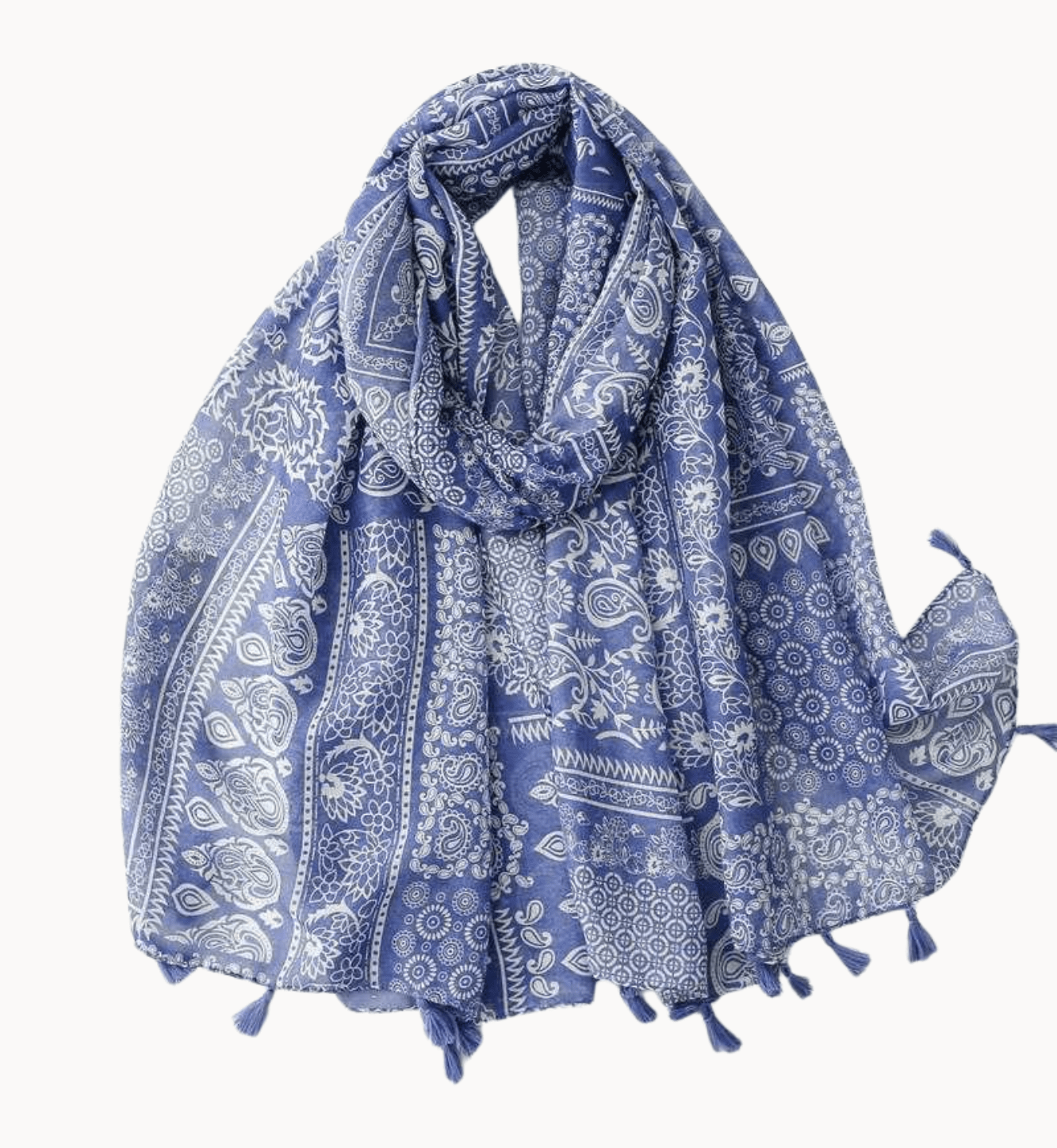 Blue and White Paisley Scarf with Tassels Multi Scarves - Tophatter Daily Deals