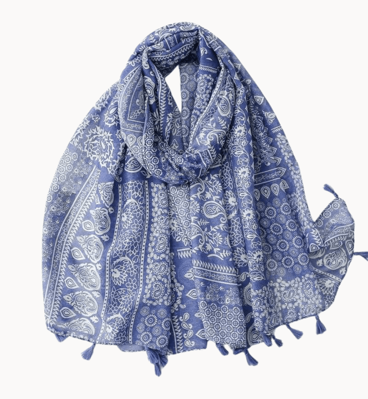 Blue and White Paisley Scarf with Tassels Multi Scarves - Tophatter Daily Deals