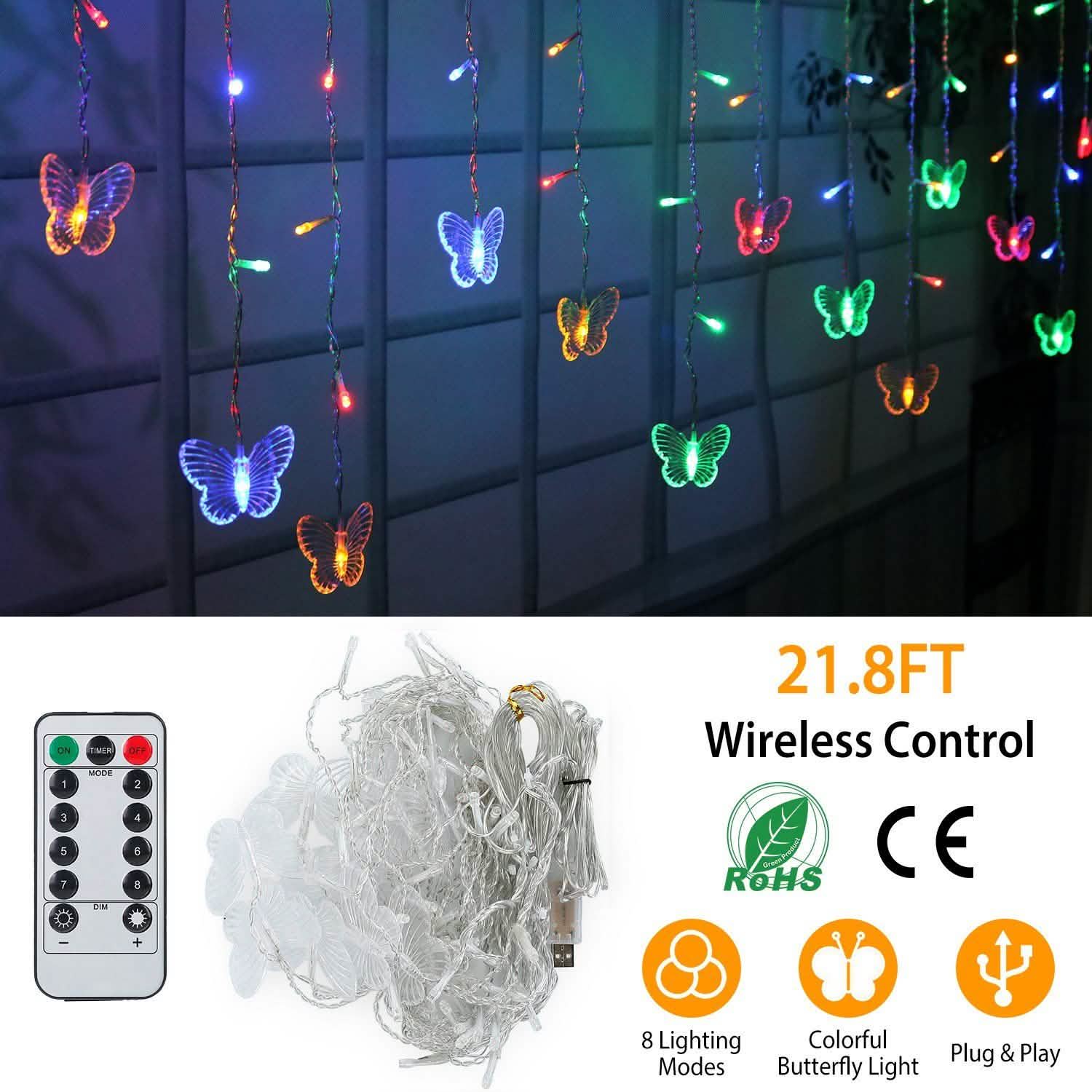 Butterfly Curtain String Lights USB Powered with 8 Modes 96 LED Remote Control String & Fairy Lights - Tophatter Daily Deals