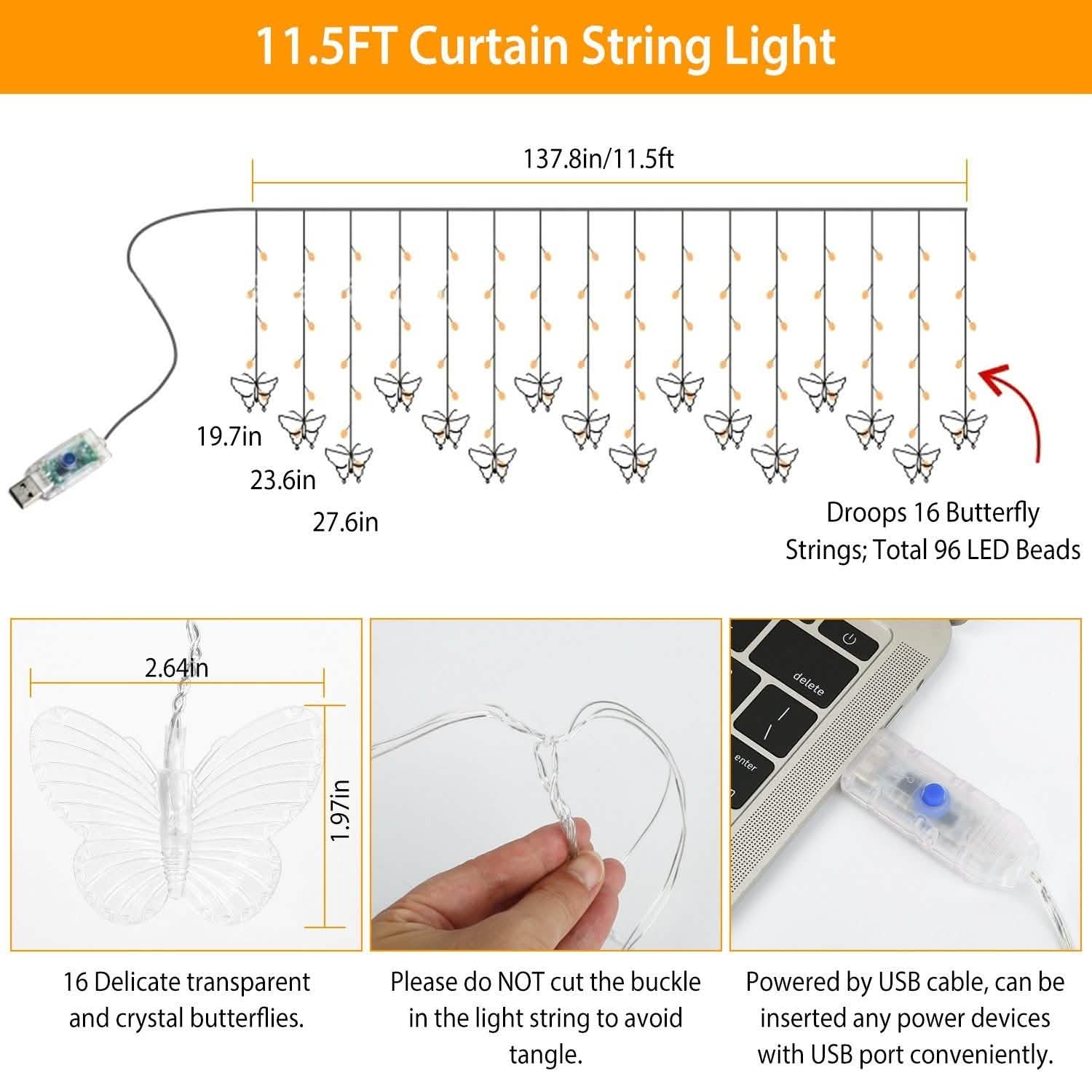 Butterfly Curtain String Lights USB Powered with 8 Modes 96 LED Remote Control String & Fairy Lights - Tophatter Daily Deals