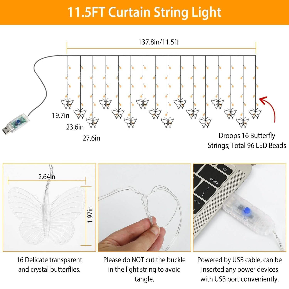 Butterfly Curtain String Lights USB Powered with 8 Modes 96 LED Remote Control String & Fairy Lights - Tophatter Daily Deals