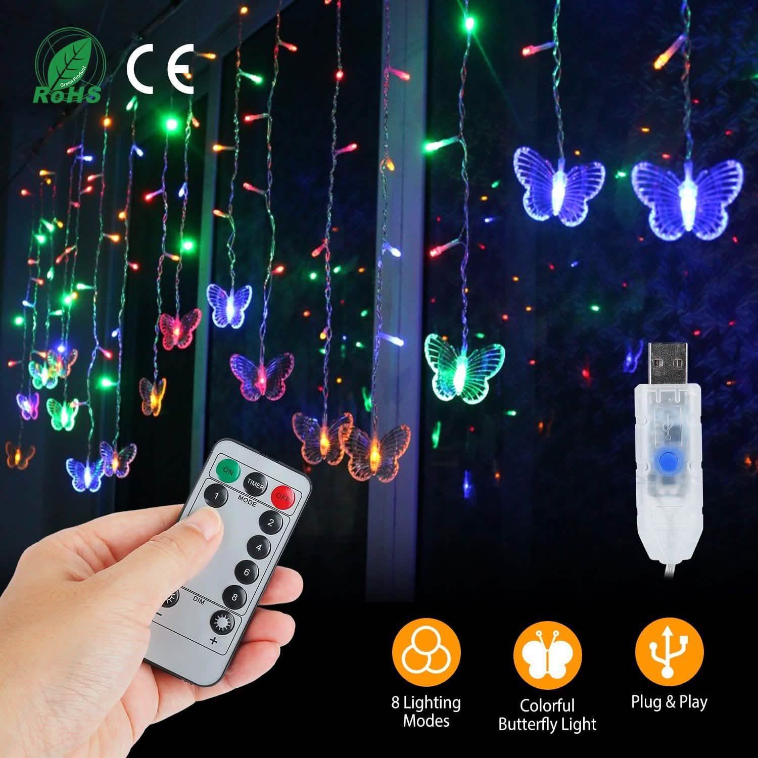 Butterfly Curtain String Lights USB Powered with 8 Modes 96 LED Remote Control String & Fairy Lights - Tophatter Daily Deals