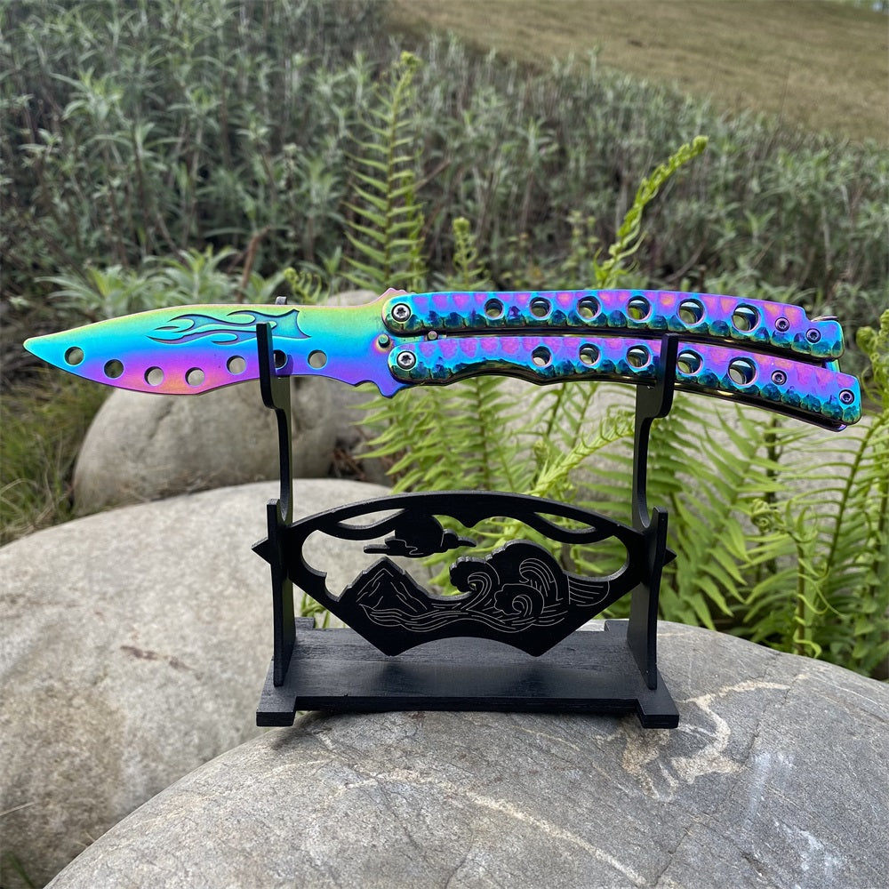 Blunt Blade Fantastic Rainbow Color Balisong Butterfly Knife Trainer With A Stand - Tophatter Daily Deals