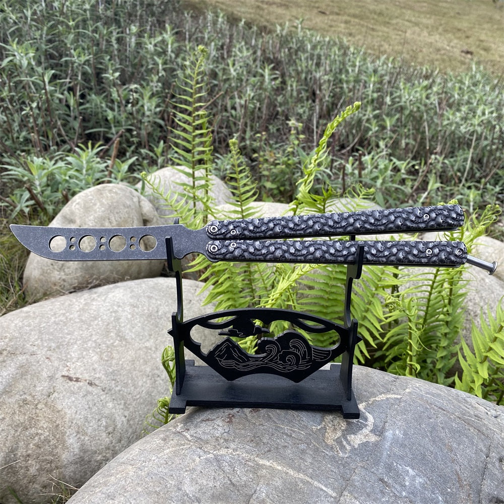 3D Skeleton Skull Relief Balisong Butterfly Knife Trainer With A Stand - Tophatter Daily Deals