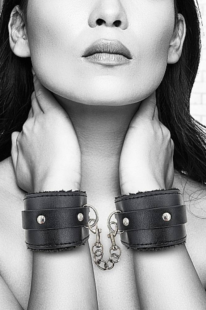 Ouch by Shots Toys - Black & White - Plush Adjustable Bonded Leather Wrist Cuffs - Black BDSM - Tophatter Daily Deals
