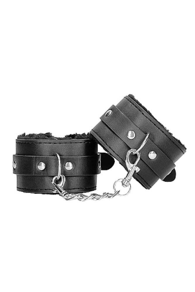 Ouch by Shots Toys - Black & White - Plush Adjustable Bonded Leather Wrist Cuffs - Black BDSM - Tophatter Daily Deals