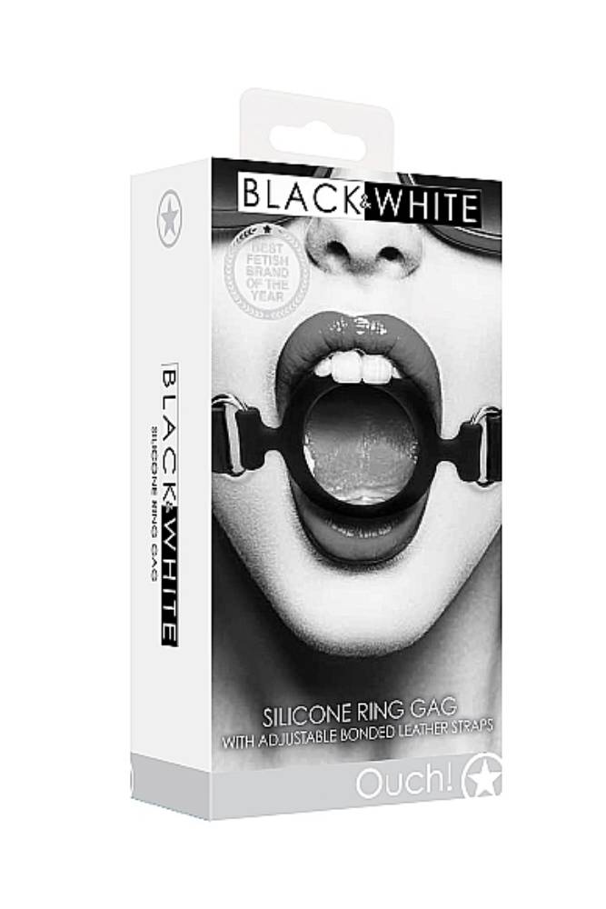 Ouch by Shots Toys - Black & White - Silicone Ring Gag with Adjustable Bonded Leather Straps - Black BDSM - Tophatter Daily Deals