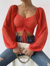 Drawstring Sweetheart Neck Cropped Top Red Orange Blouses - Tophatter Daily Deals