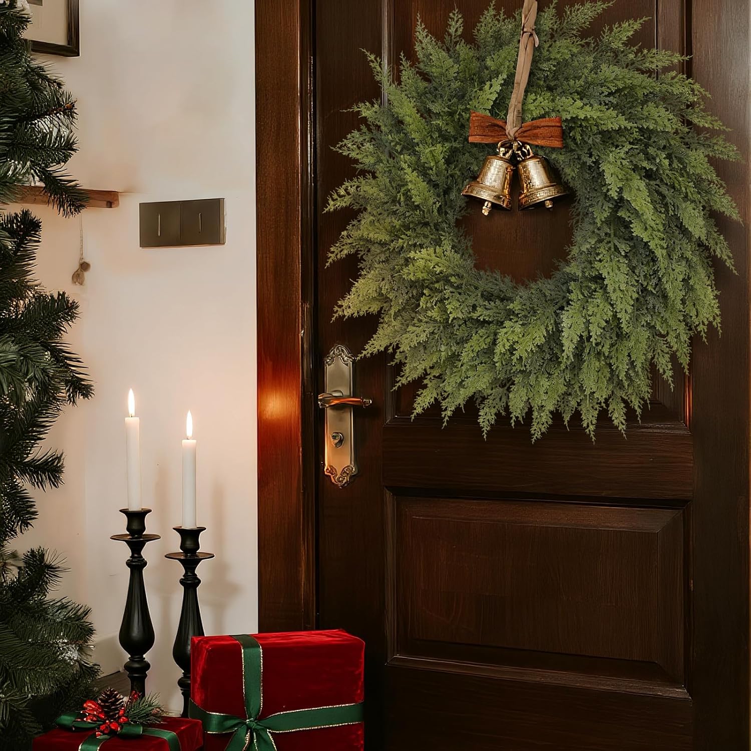 Real Touch Artificial Cedar Wreath Wall Hanging Christmas - Tophatter Daily Deals
