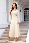 Tie Back Ribbed Round Neck Long Sleeve Dress Cream Casual Dresses - Tophatter Daily Deals