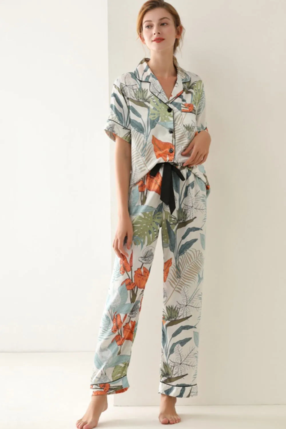 Botanical Print Button-Up Top and Pants Pajama Set Mutil Loungewear Sets - Tophatter Daily Deals