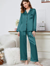 Lapel Collar Long Sleeve Top and Pants Pajama Set Deep Teal Loungewear Sets - Tophatter Daily Deals