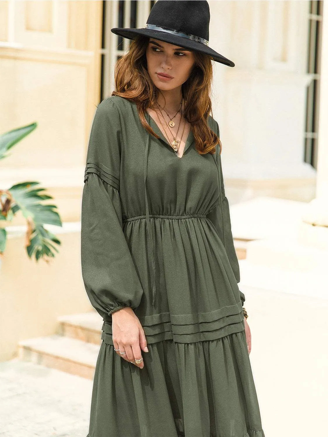 Tie Neck Long Sleeve Midi Tiered Dress Casual Dresses - Tophatter Daily Deals