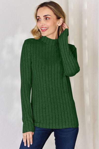 Basic Bae Full Size Ribbed Mock Neck Long Sleeve T-Shirt Mid Green Women's T-Shirts - Tophatter Daily Deals