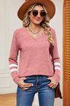 Striped V-Neck Long Sleeve T-Shirt Blush Pink Women's T-Shirts - Tophatter Daily Deals