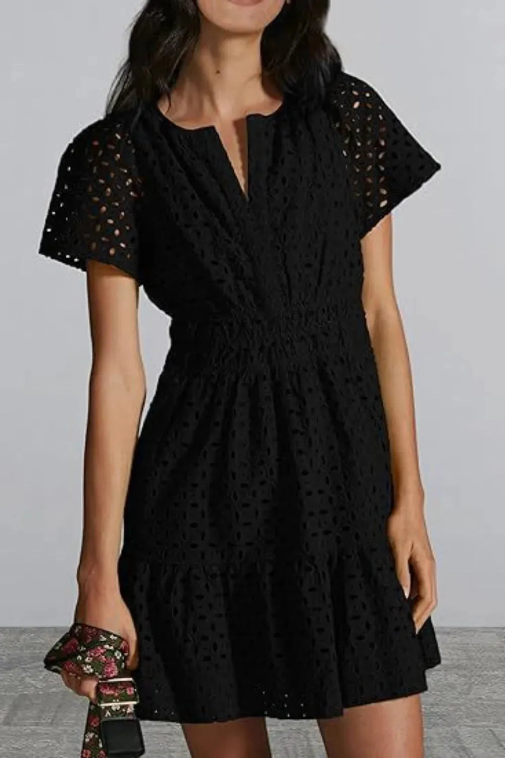 Eyelet Notched Short Sleeve Mini Dress Black Casual Dresses - Tophatter Daily Deals